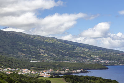 Scenic view of sea and mountains against sky