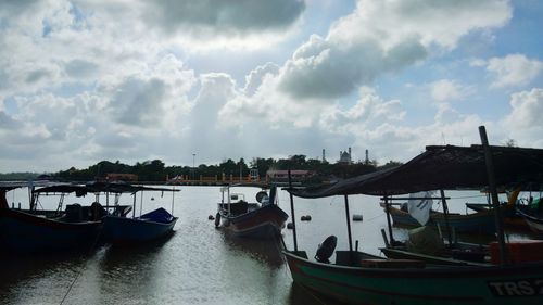 Panoramic view of harbor against sky