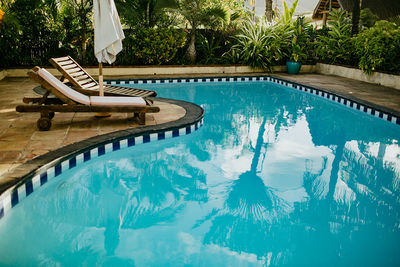 High angle view of swimming pool in yard