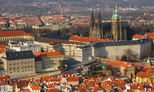 High angle view of buildings in city