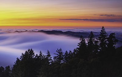 Scenic view of silhouette mountain against sky during sunset