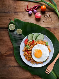 High angle view of breakfast served on table
