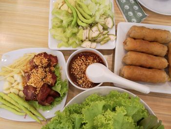 High angle view of food served on table