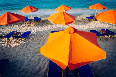 High angle view of umbrellas on beach