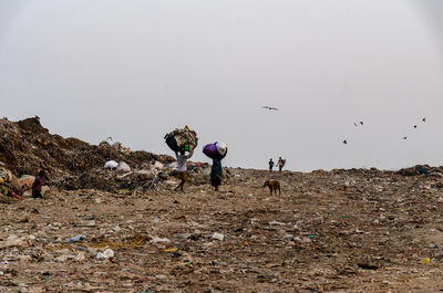 People on land against clear sky