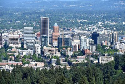 High angle view of modern buildings in city