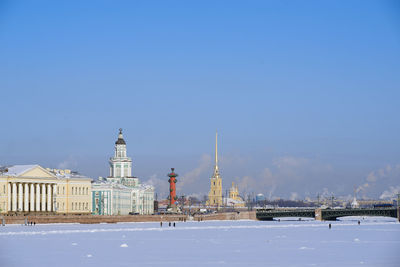 Snow covered buildings against blue sky