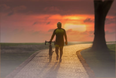 Rear view of man standing on beach during sunset