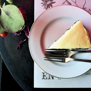 High angle view of cake in plate on table