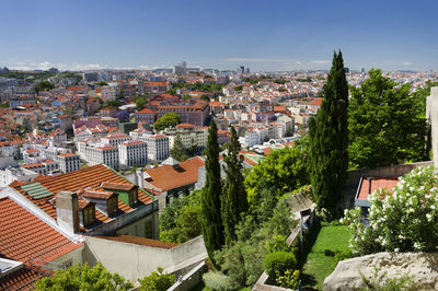 High angle view of cityscape against blue sky