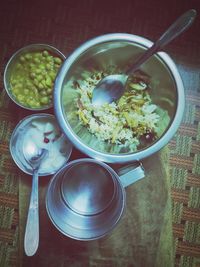 High angle view of soup in bowl