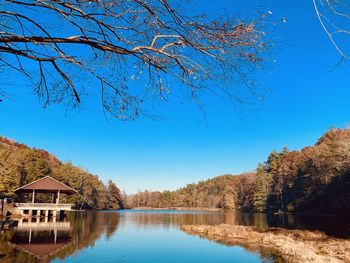 Scenic view of lake against clear blue sky