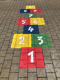 High angle view of colorful hopscotch on street