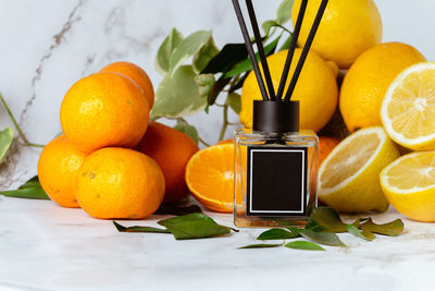 High angle view of orange fruits on table