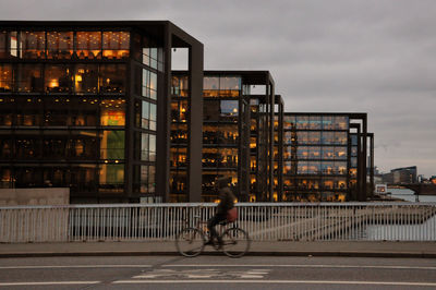 Man riding bicycle on road in city