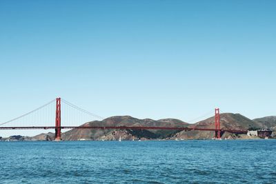 View of suspension bridge over sea