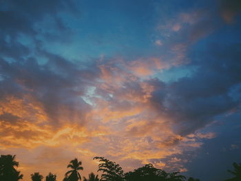 Low angle view of silhouette trees against dramatic sky