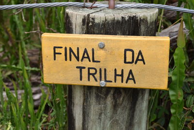 Close-up of information sign