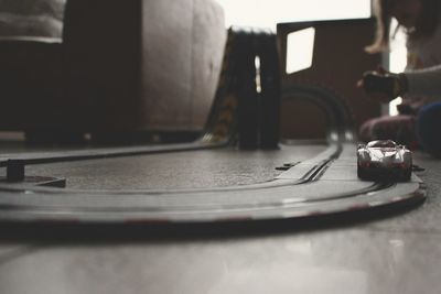 Close-up of toy car in room