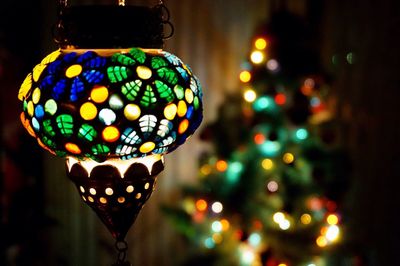 Close-up of illuminated christmas tree at night