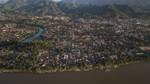 Aerial view of townscape against clear sky