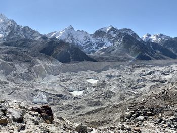 Scenic view of snowcapped mountains against clear sky