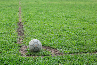 High angle view of soccer ball on field