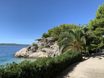 Scenic view of sea against clear blue sky