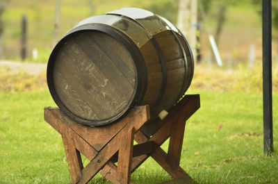 Close-up of wine barrel on wine yard