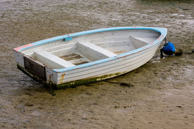 High angle view of abandoned boat on beach