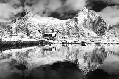 Scenic view of lake and snowcapped mountains against sky