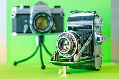 Close-up of camera on table