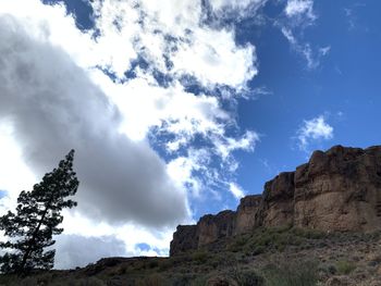 Low angle view of rocky mountain against sky