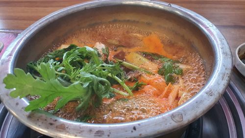 High angle view of soup in bowl on table