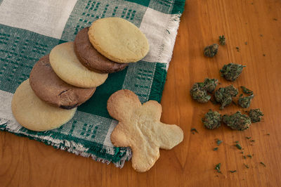 High angle view of cookies on table