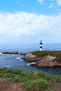 Lighthouse by sea against sky