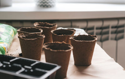 Eco-friendly pots, plastic mold for planting seeds. preparing for spring gardening