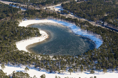 High angle view of snow covered land