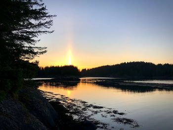 Scenic view of lake against sky at sunset