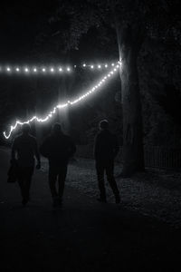 Rear view of people walking on illuminated street at night