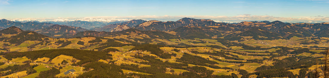 Scenic view of landscape and mountains against sky