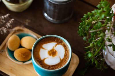 High angle view of coffee on table