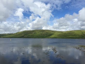 Scenic view of lake against cloudy sky