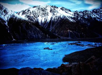 Scenic view of lake and snowcapped mountains against sky