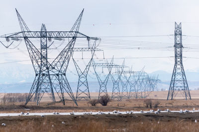 Electricity pylons against clear sky
