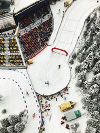 High angle view of snow covered field