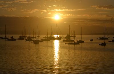 Boats in sea at sunset