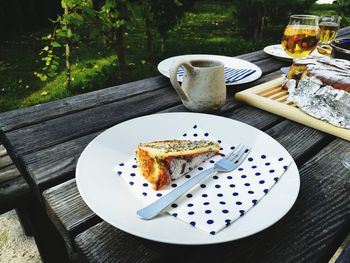 High angle view of cake in plate on table