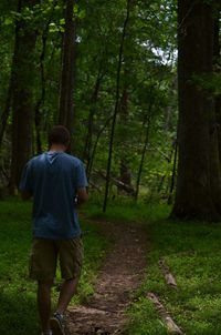 Full length rear view of teenage boy hiking in woodland