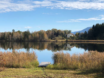 Scenic view of lake by trees against sky